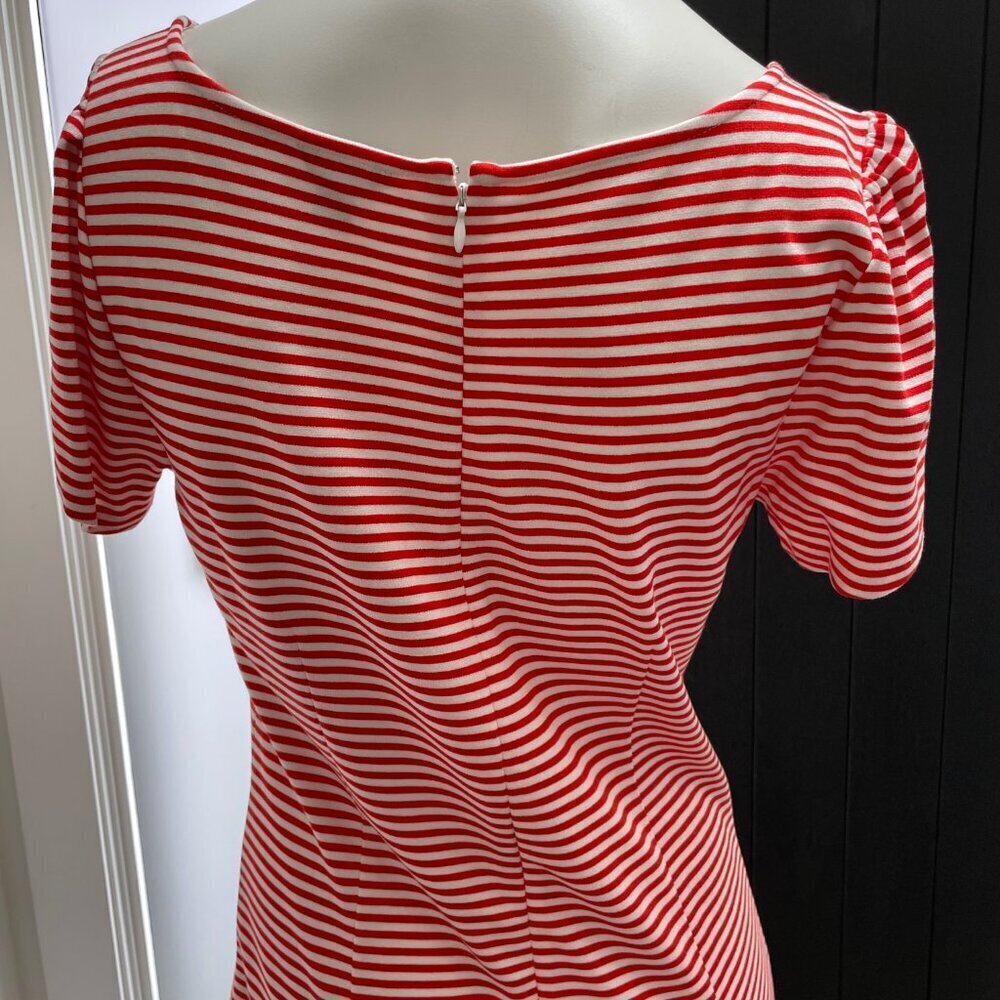 Ann Taylor Petite SS Jewel Neck Striped Midi Dress Orangey Red White Sz 6P NWOT - Picture 7 of 13